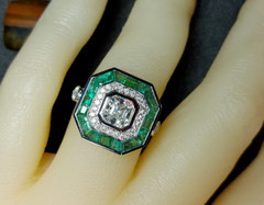 Art Deco Style Ascher Cut Lab-Created Diamond & Emerald Double Halo Silver Ring