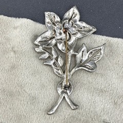 Vintage Pot Metal Brooch Silver Tone Rhinestone Flower READ