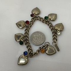 Vintage Heart Charm Bracelet Rhinestone Gold Tone Link Multicolor Retro Jewelry