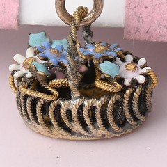 Antique Victorian 3-D Flower Basket ENAMEL Gold Filled Charm Pendant
