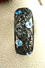 Vintage .835 Silver Hinged Cuff Bracelet w/Marcasites & Pastel Blue Round Gems