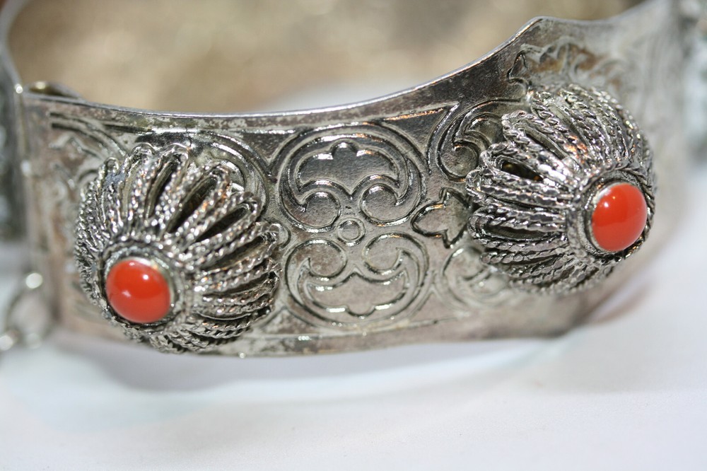 Vintage Silver Alloy Metal Ladies Jasper Bangle 20MM Wide Bracelet 7″ Heavy 64Gr