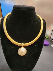 Vintage Marvella Omega Chain Necklace faux pearl Gold Tone Signed 80’s