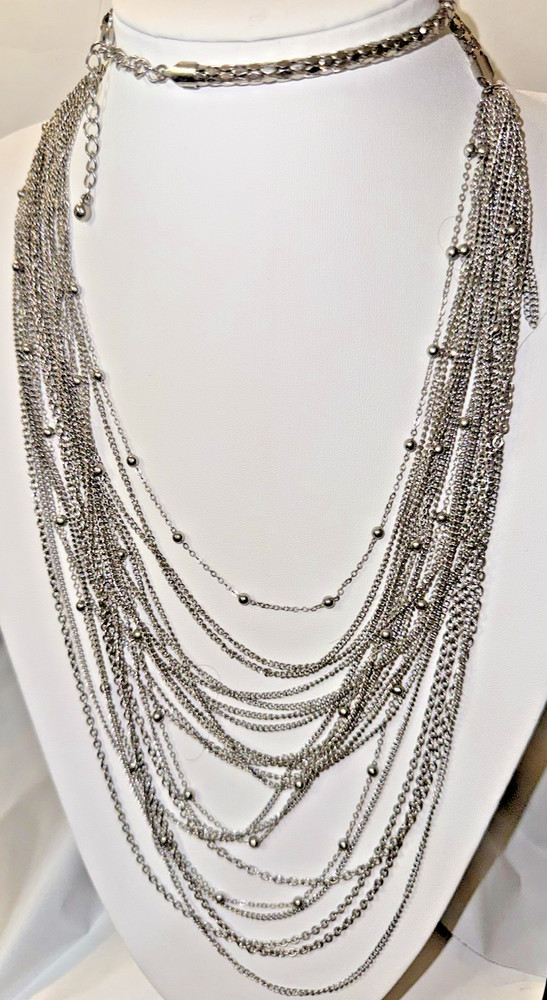 Vintage 30″ Multi Chains with Tiny Silver Balls Necklace Lobster Clasp