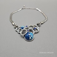 Vintage Bib Statement Necklace Silver Tone Blue Marbled Cabochon Rhinestone 19″