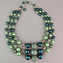 Vintage Beaded Necklace Green Triple Layered Acrylic Japan Choker 16″