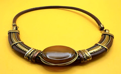 Antique Gold Tone Leather & Oval Brown Stone Choker Necklace Vintage
