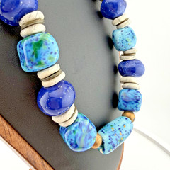 Vintage Chunky Artisan Blue Glazed Ceramic Bead Statement Necklace
