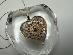 Gold Over Sterling Silver Portuguese Filigree Heart Pendant 4.5cm Necklace JB12