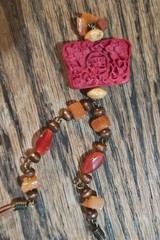 Vintage Marshall Fields Carved Cinnabar Pendant Necklace Asian Lacquer Boxed Tag