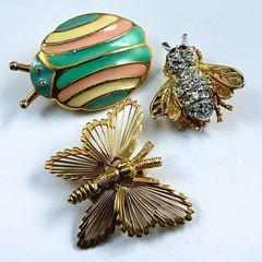 VTG Lot of 3 Pins Enameled Lady Bug Rhinestone Bee & Monet Butterfly Gold Tone