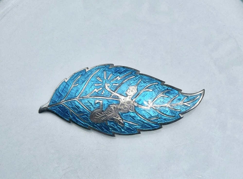 Vintage Sterling Silver /Blue Enamel SIAM NIELLO Dancer Pin 3″ Brooch THAILAND