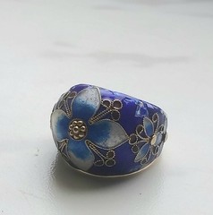 Vtg Antique Chinese Export Silver Gilt Blue Enamel Cloisonne Flower Dome Ring