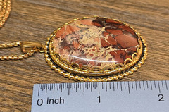 Vintage Large 2 inch Red Jasper Pendant Necklace Gold Tone w 24 inch Chain