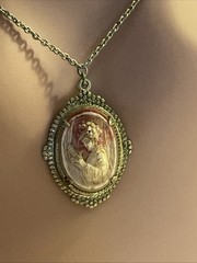 8” Victorian Cabochon Pink And Red Necklace Estate Jewelry Lightweight Oval