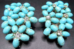 SIMAN TU Genuine Turquoise Flowers Vintage Clip Earrings