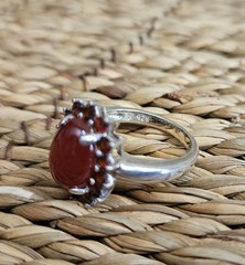 Orange Jade 12 mm Cabochon with Garnets .925 Sterling Silver Ring size 6.75