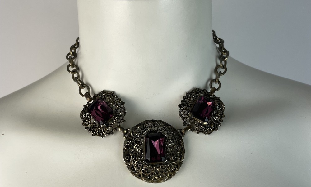 Antique 20s 30s Art Deco Czech Glass Amethyst Rhinestone Choker Bib Necklace 17″