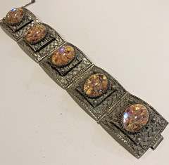 Vintage Large Art Glass Cabochon Braided Sterling Silver Bracelet Faux Fire Opal