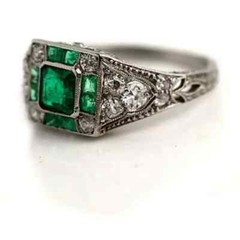 1930’s Antique Art Deco style Green Emerald With Old Mine Cut CZ Women 925 Ring