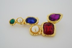 2 Vintage Gold Tone Colorful Larg Brooch Pin Red Purple Blue Green Pearl ERA1979