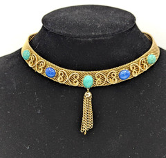 Vintage Gold Tone Mesh Choker Tassel Necklace Lapis Jadeite Stone Cabochons
