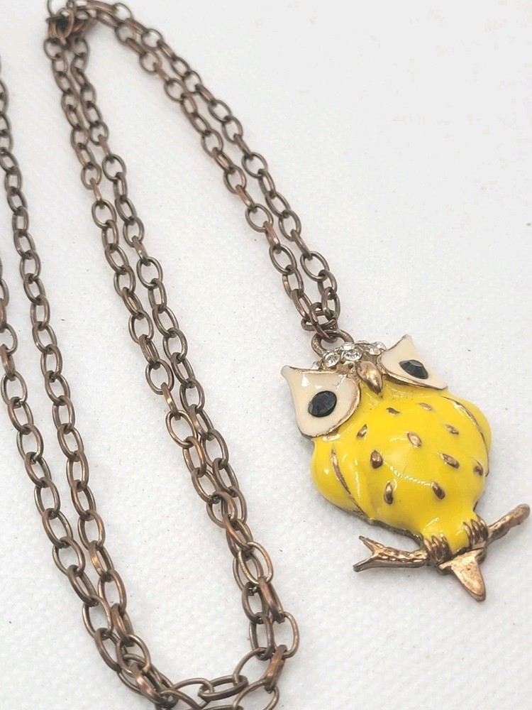 Vintage Bronze Chain Necklace With Owl Enamel Rhinestone Pedant 32in.