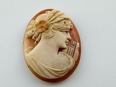 Vintage Loose Hand Carved Shell Cameo Woman with Harp 1 1/8 Inch x 7/8 Inch 3.4g