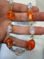Vintage Necklace Glass Beads Art Deco Clear Orange 28 in PJ