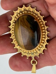 Oval Tigers Eye Gemstone Set in Gold-Tone Brass Frame 1.75″ Heavy Mothers Day