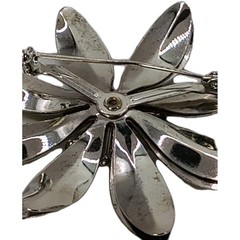 Vintage Enamel Flower Brooch Pin Aurora Borealis Ctr Silver Tone Lg 2 1/2 in D