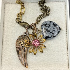 Vtg Brassy Bronzy Necklace & Charms of Mixed Metals: Heart, Flower, Angel Wing