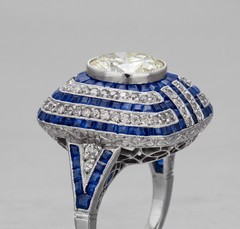 Art Deco Style Round Lab Created Diamond Sapphire Wedding 14K White Gold FN Ring
