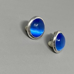 Vtg Stud Button Earrings Silver Tone Metal Blue Moonglow Cabochons Clip On Retro