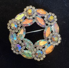 Vintage Signed Weiss Pink AB Rhinestone Circle Pin Brooch Marquise Wreath Floral