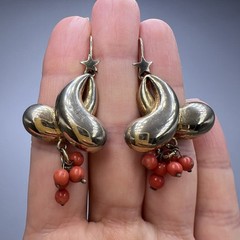 Old Vintage Gilt Silver 800 Women Jewelry Drop Earrings Natural Red Coral Stone