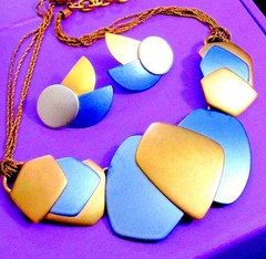 VTG RUNWAY DECO MONET “ALL THAT JAZZ” METALLIC BLUE GP NECKLACE EARRINGS ’85