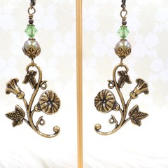 Art Nouveau Floral Brass Earrings Green Crystal Dangle Leverback Vintage Style