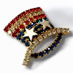 Patriotic Rhinestone Brooch Red White Blue Vintage Uncle Sam Hat Figural Pin