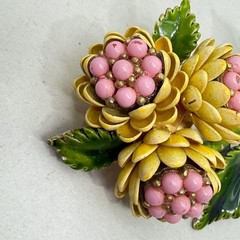 Vintage Enamel Flower Brooch Yellow Pink Green Floral Mid Century Botanical 3″