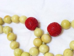 CHINESE VINTAGE CINNABAR JADE BEAD NECKLACE CARVED AMBER PENDANT, Silver Clasp