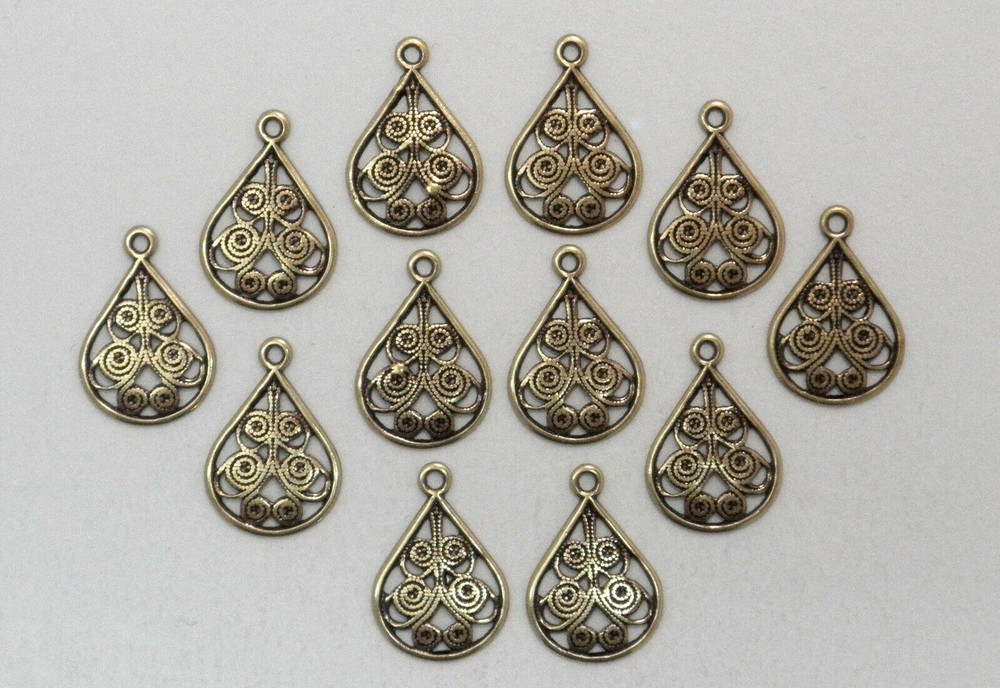 #1199 ANTIQUED GOLD OPEN FILIGREE TEARDROP W/TOP HANG RING – 12 Pc Lot