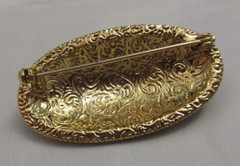 Vintage 1928 Brand Faux Seed Pearl Domed Oval Black Enamel Brooch Pin Gold Tone