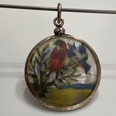Antique Victorian Gold Filled Mother Of Pearl Bird Feather Round Etched Pendant