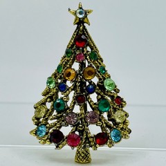 Vintage Hollycraft Christmas Tree Brooch Gold Tone Multicolor Rhinestone Pin