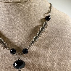 Vintage Tassel Necklace Silver-Tone Black Bead Elegant Art Deco Style Jewelry