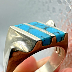 Vtg Taxco 925 Sterling Mens Turquoise Inlay Ring Signed Sz 11.75 Modernist 13.1g