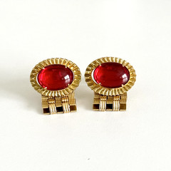 Vintage Red Glass Cabochon Gold Tone Oval Bullet Back Cufflinks