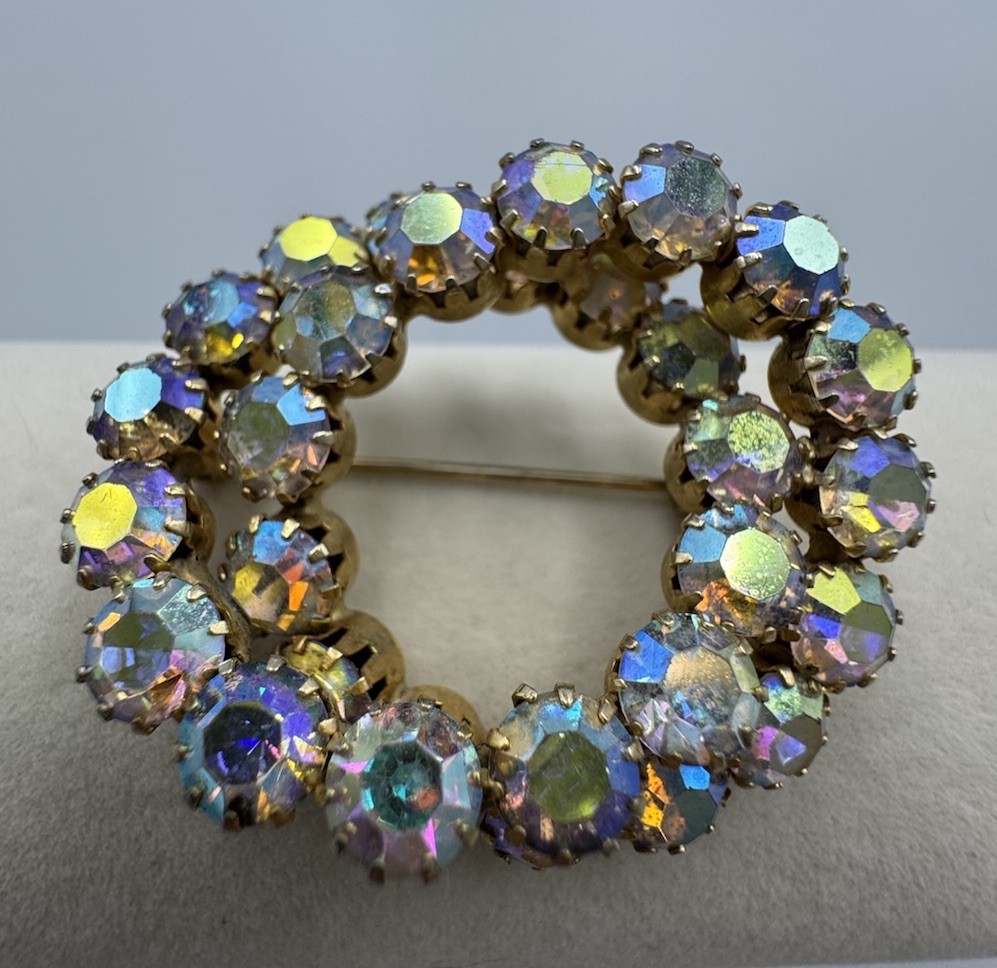 Clear AB Aurora Borealis Rhinestone Prong Dbl Circle Gold Tone Brooch Estate Vtg