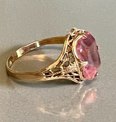 Art Deco Vtg Filigree Pink Cushion Jewel Ring 14K RGP Gold Clark & Coombs 7.5